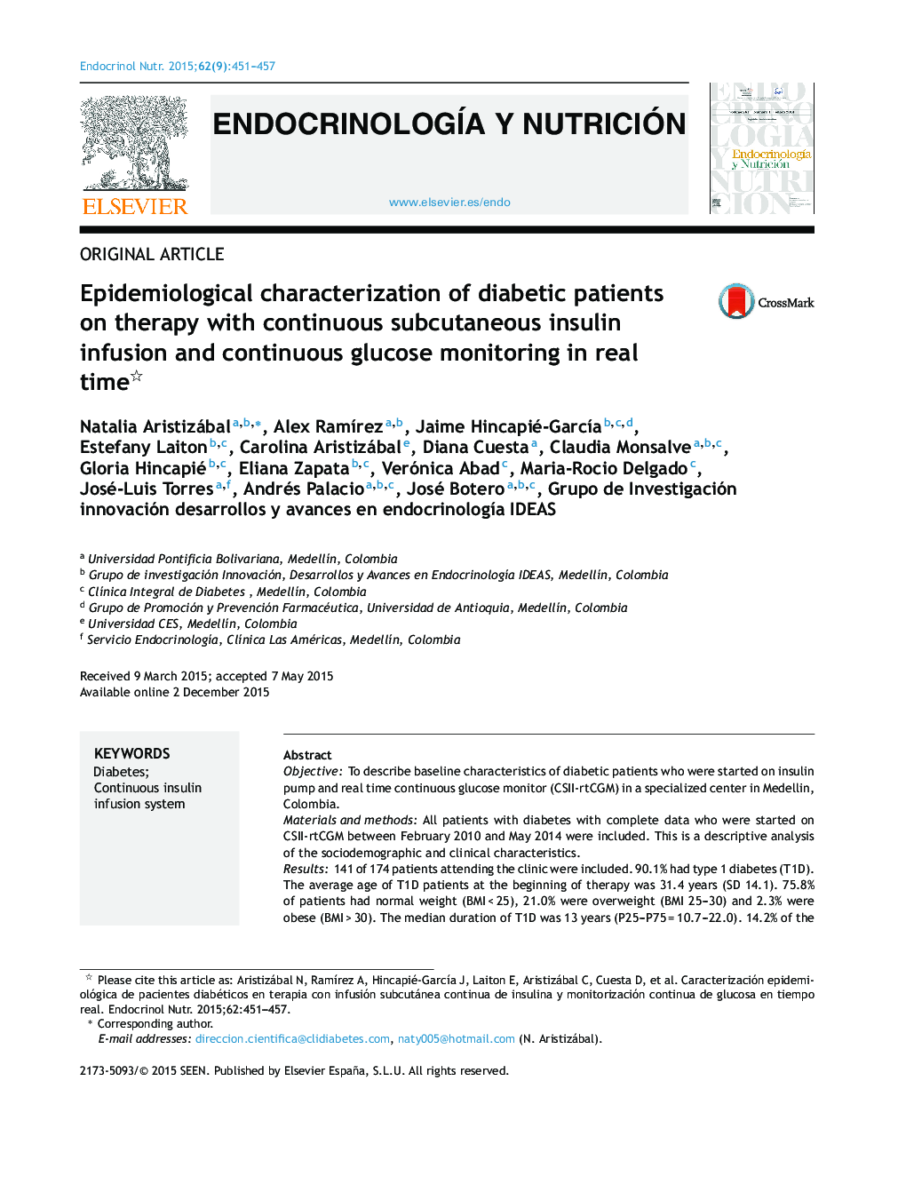 Epidemiological characterization of diabetic patients on therapy with continuous subcutaneous insulin infusion and continuous glucose monitoring in real time 