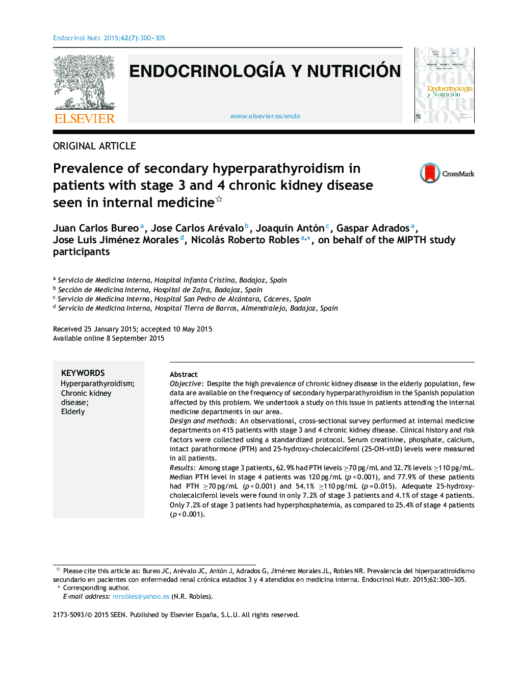 Prevalence of secondary hyperparathyroidism in patients with stage 3 and 4 chronic kidney disease seen in internal medicine 