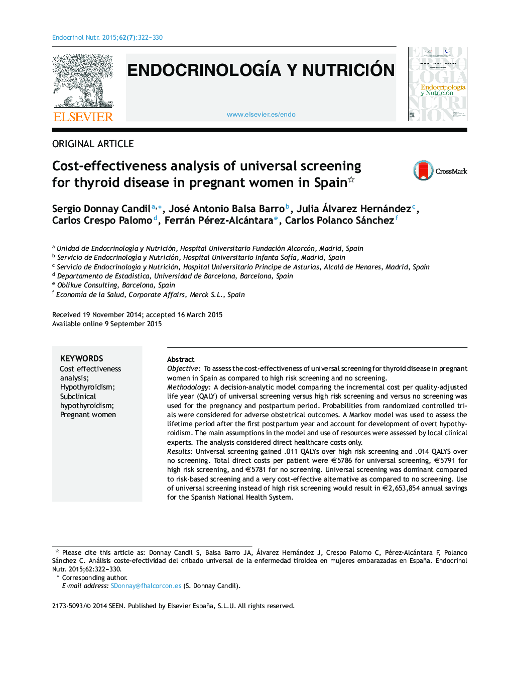 Cost-effectiveness analysis of universal screening for thyroid disease in pregnant women in Spain