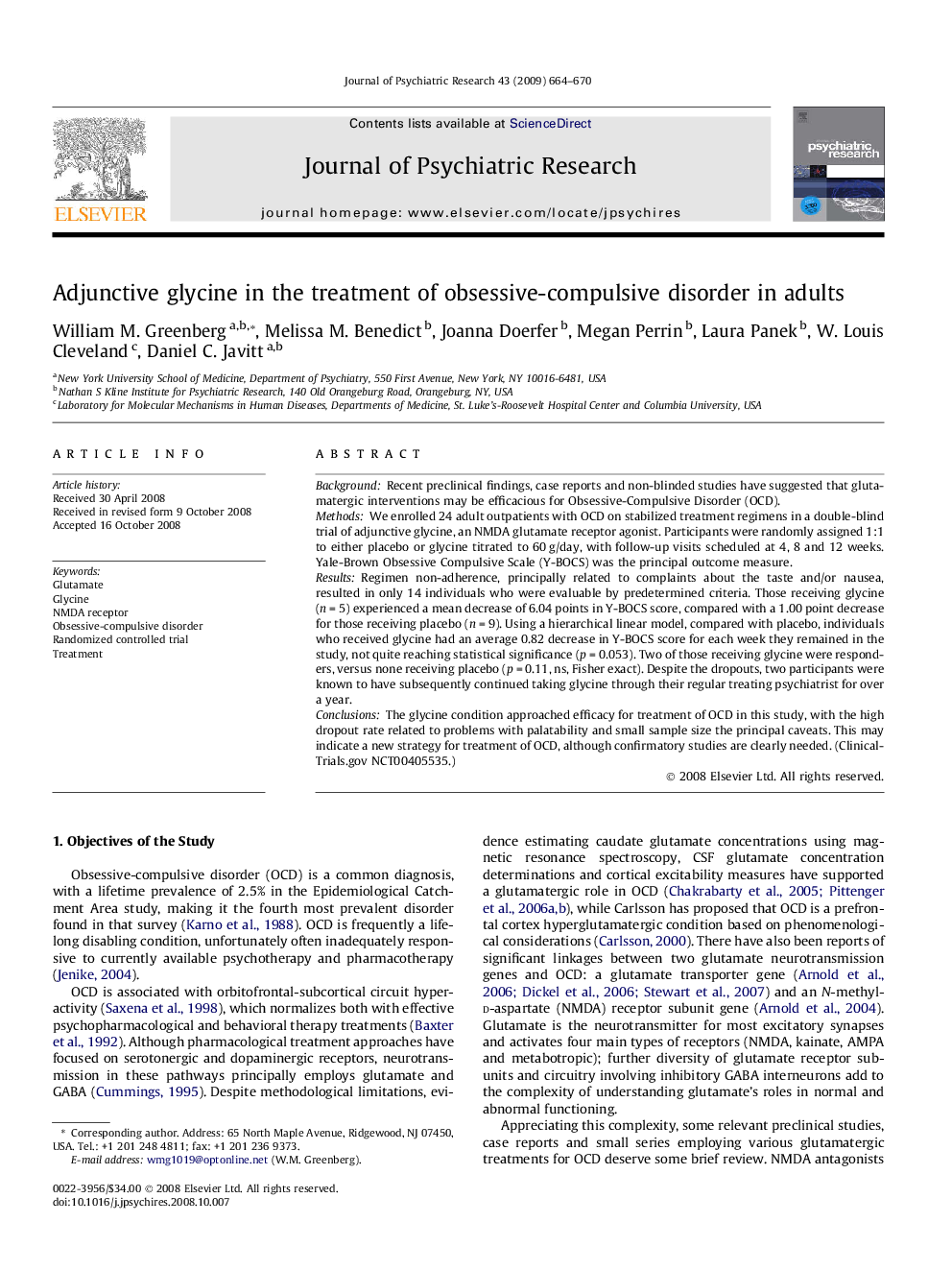 Adjunctive glycine in the treatment of obsessive-compulsive disorder in adults