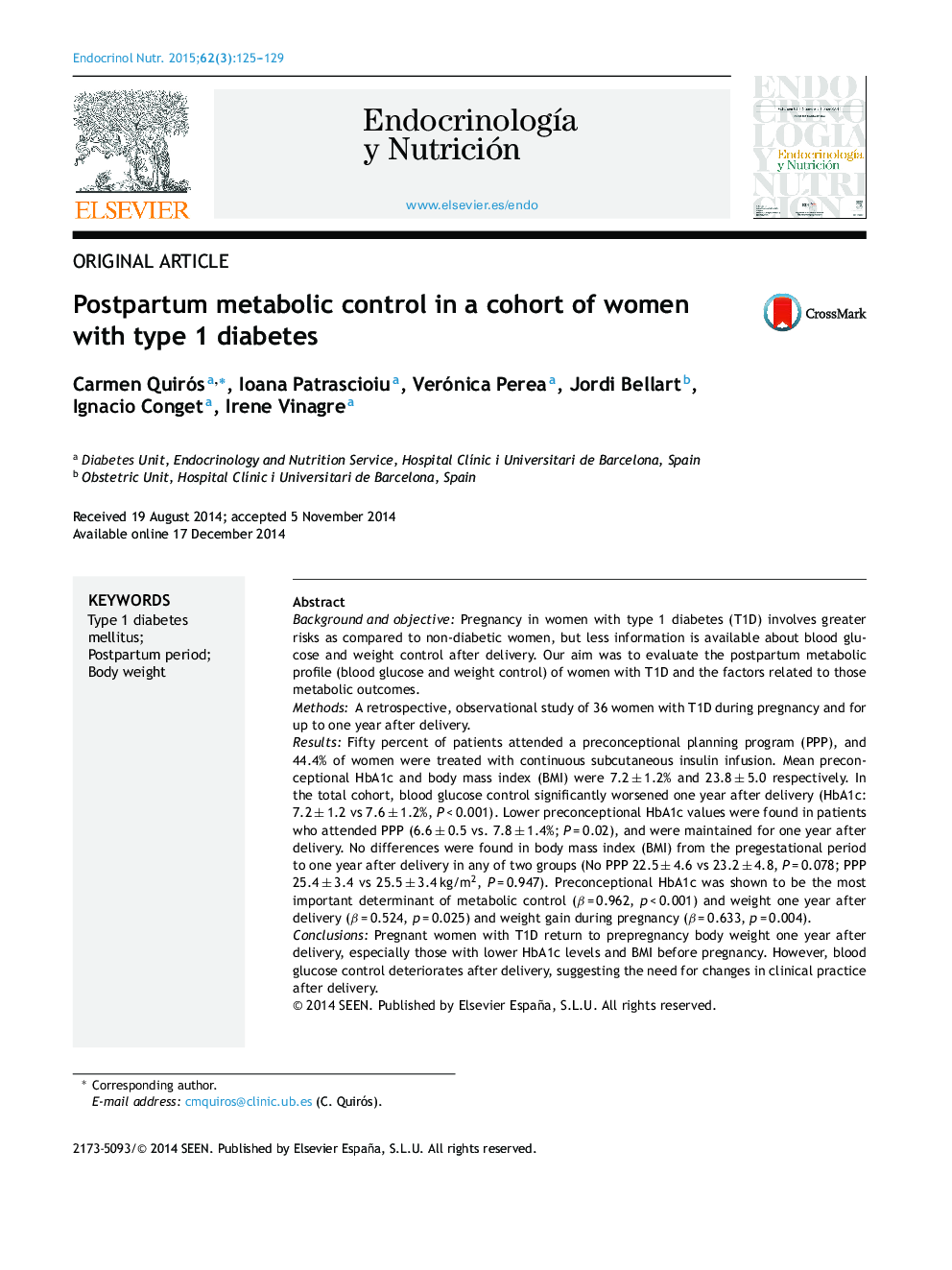 Postpartum metabolic control in a cohort of women with type 1 diabetes