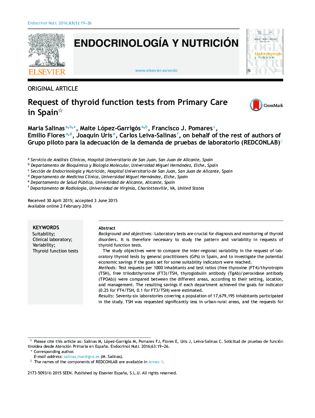 Request of thyroid function tests from Primary Care in Spain