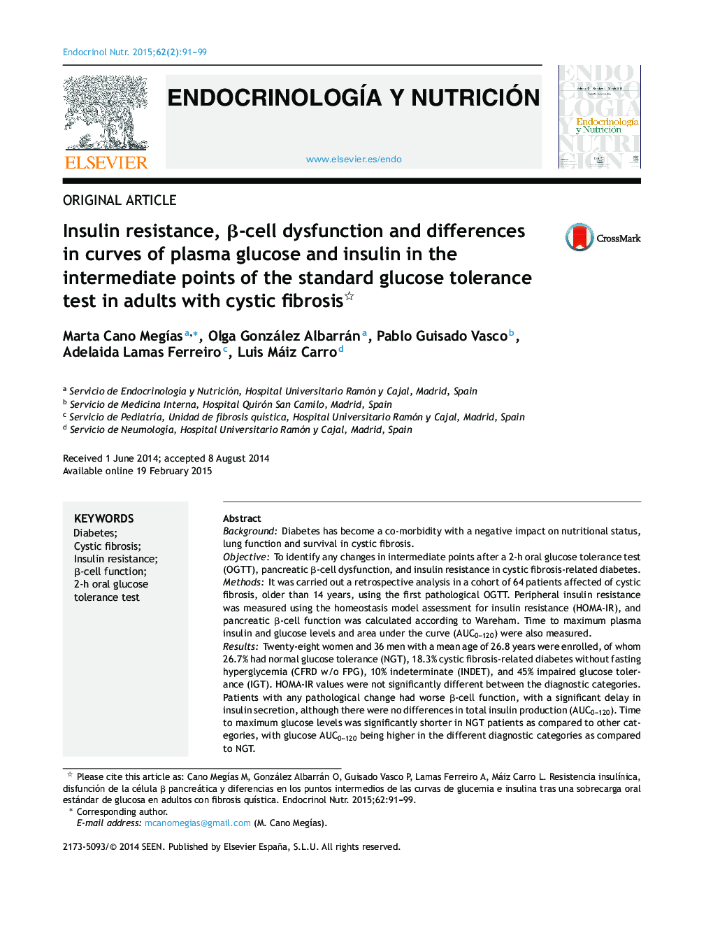Insulin resistance, β-cell dysfunction and differences in curves of plasma glucose and insulin in the intermediate points of the standard glucose tolerance test in adults with cystic fibrosis 
