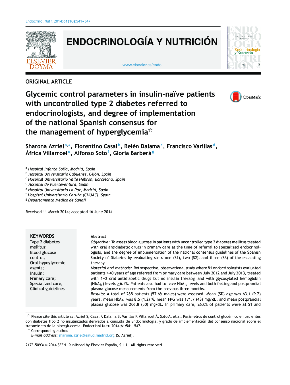 Glycemic control parameters in insulin-naïve patients with uncontrolled type 2 diabetes referred to endocrinologists, and degree of implementation of the national Spanish consensus for the management of hyperglycemia 