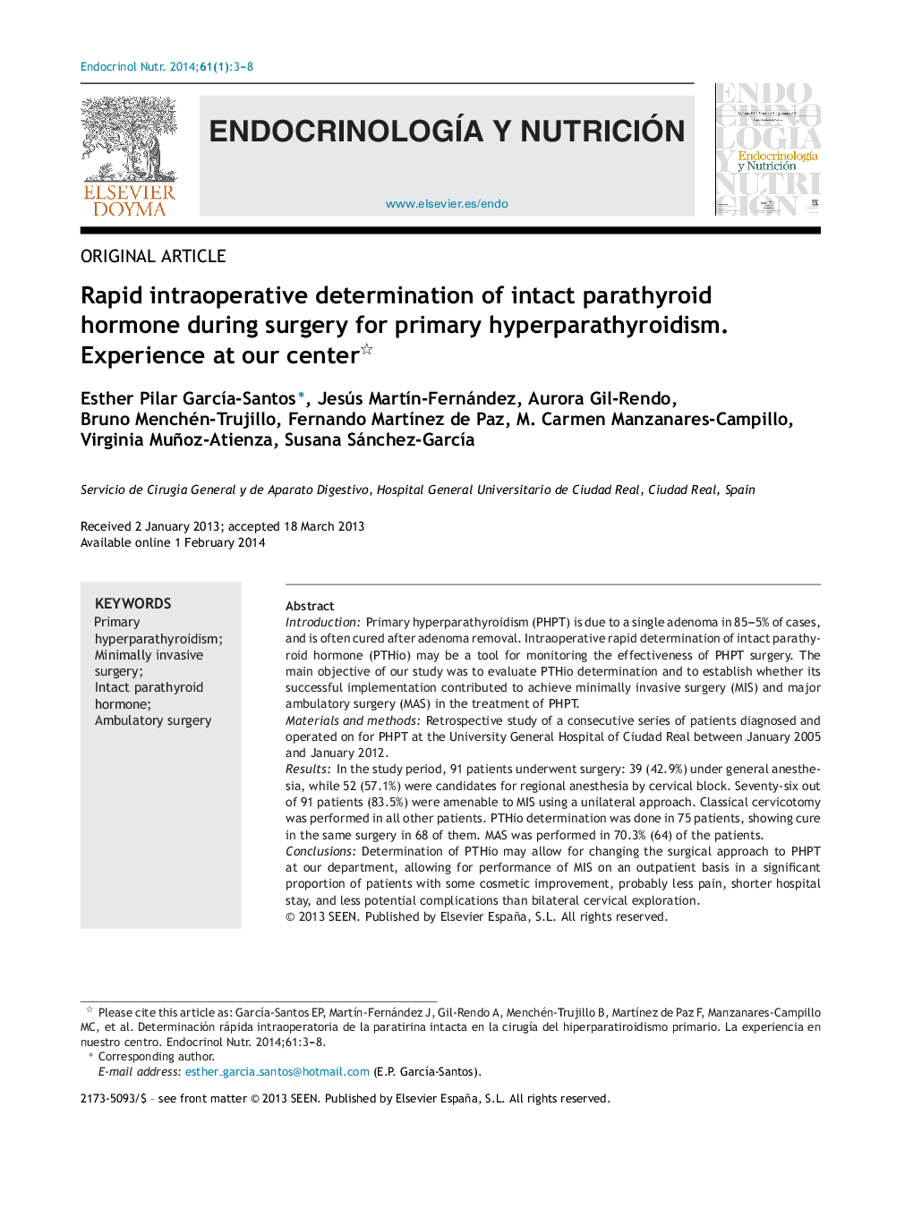 Rapid intraoperative determination of intact parathyroid hormone during surgery for primary hyperparathyroidism. Experience at our center 