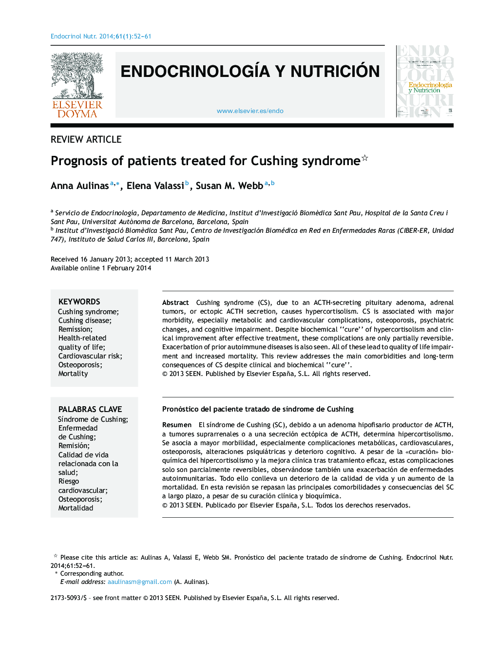 Prognosis of patients treated for Cushing syndrome 