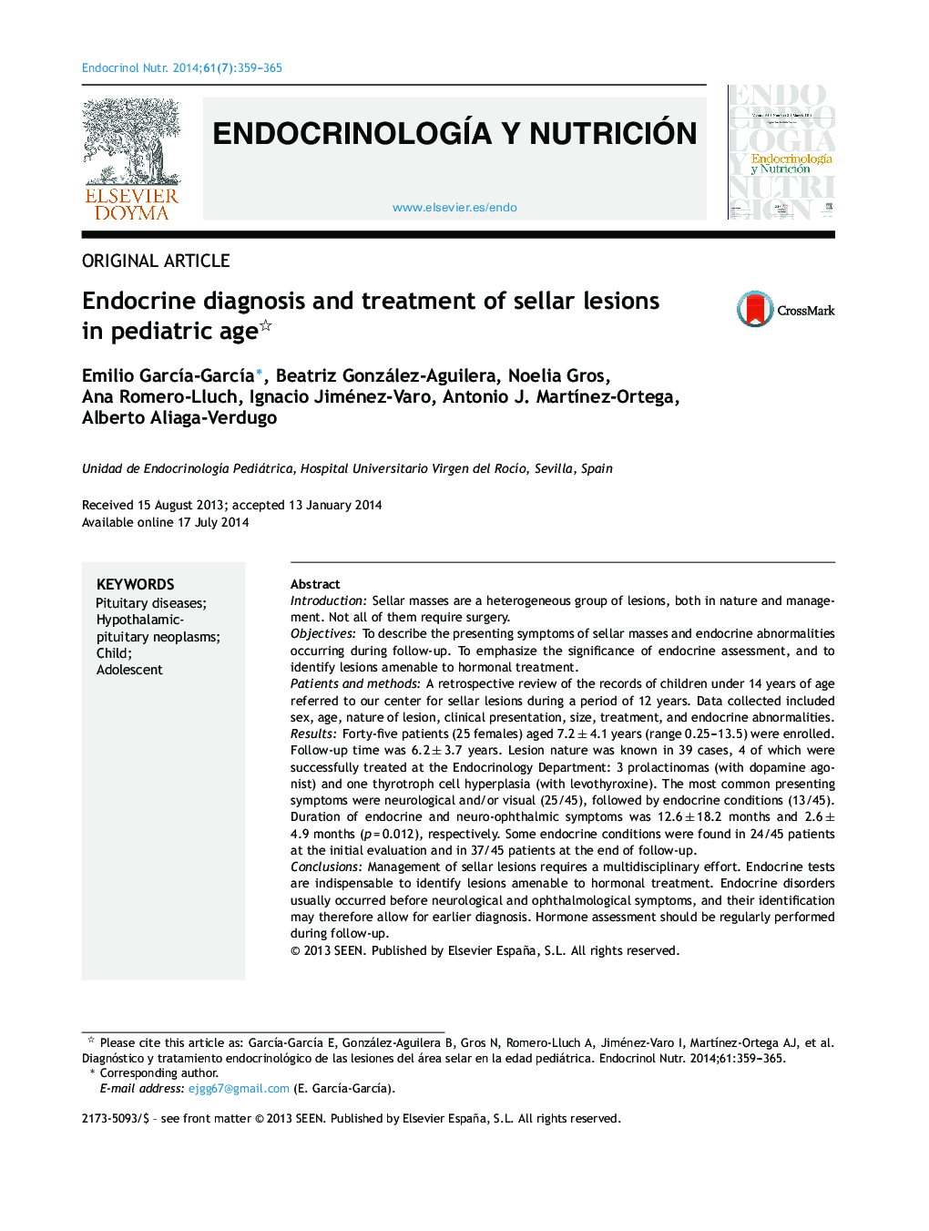 Endocrine diagnosis and treatment of sellar lesions in pediatric age 