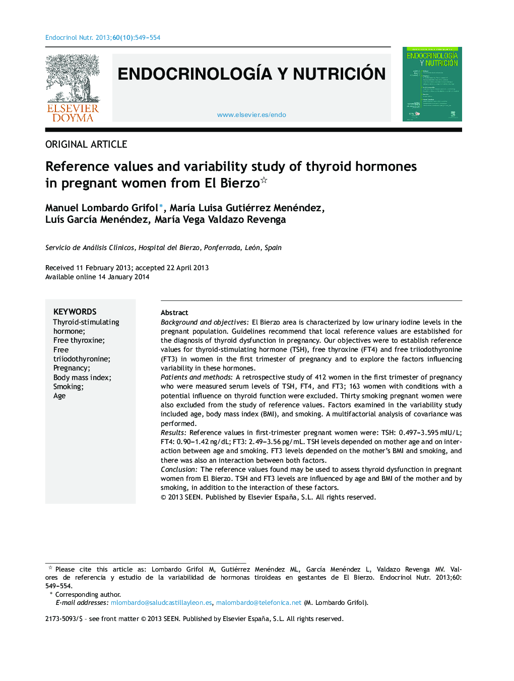 Reference values and variability study of thyroid hormones in pregnant women from El Bierzo 