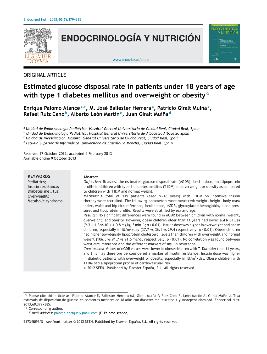 Estimated glucose disposal rate in patients under 18 years of age with type 1 diabetes mellitus and overweight or obesity 