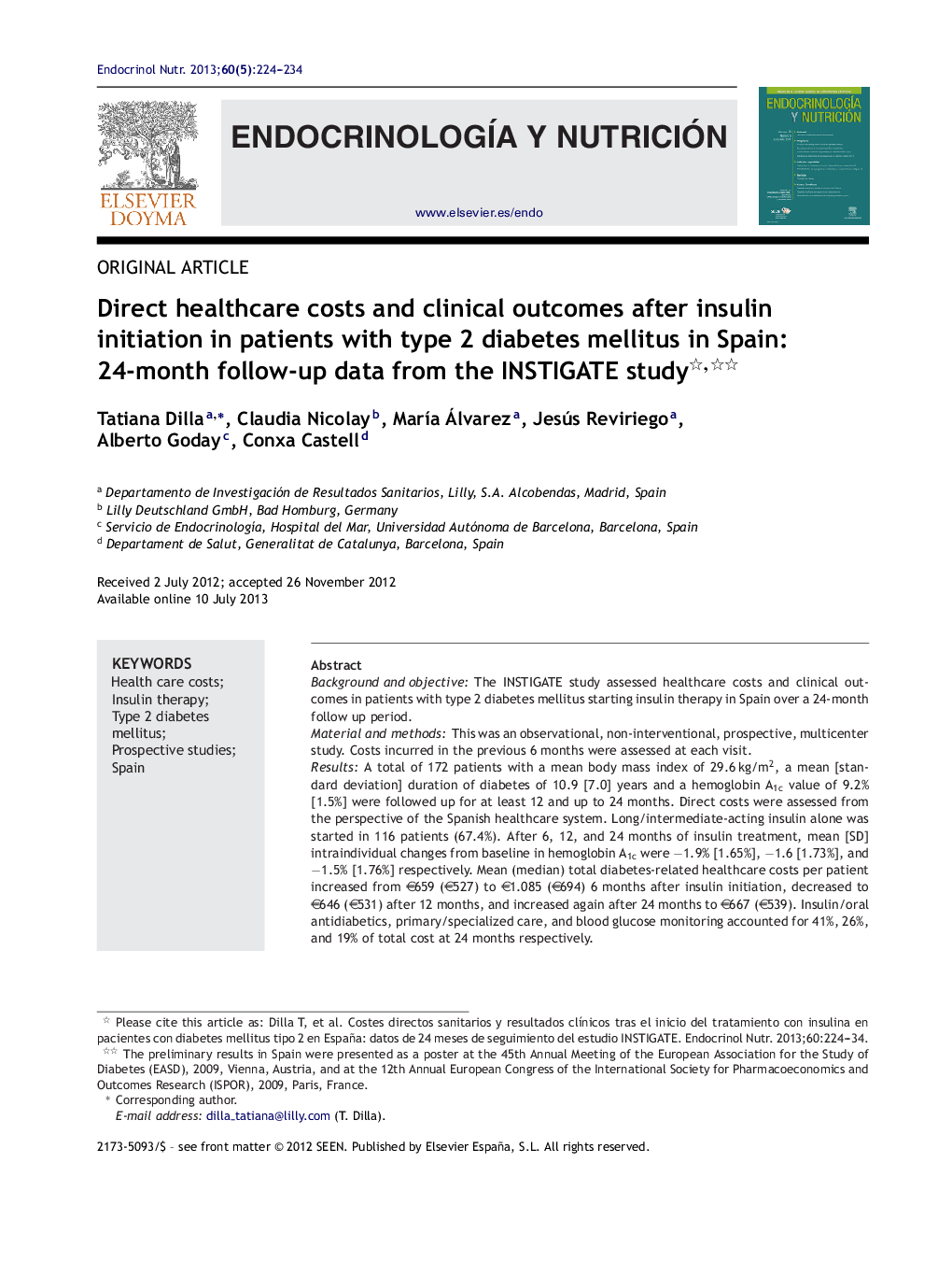 Direct healthcare costs and clinical outcomes after insulin initiation in patients with type 2 diabetes mellitus in Spain: 24-month follow-up data from the INSTIGATE study 