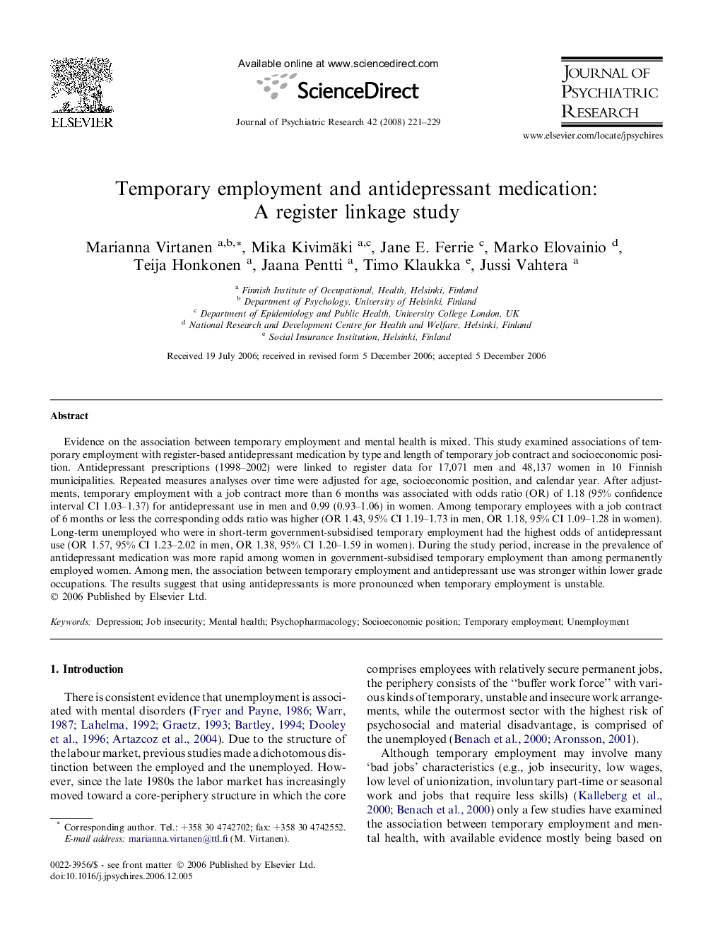 Temporary employment and antidepressant medication: A register linkage study