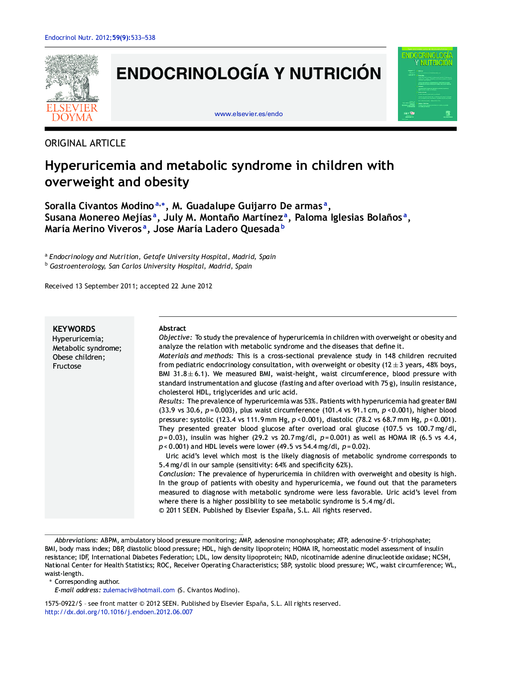 Hyperuricemia and metabolic syndrome in children with overweight and obesity