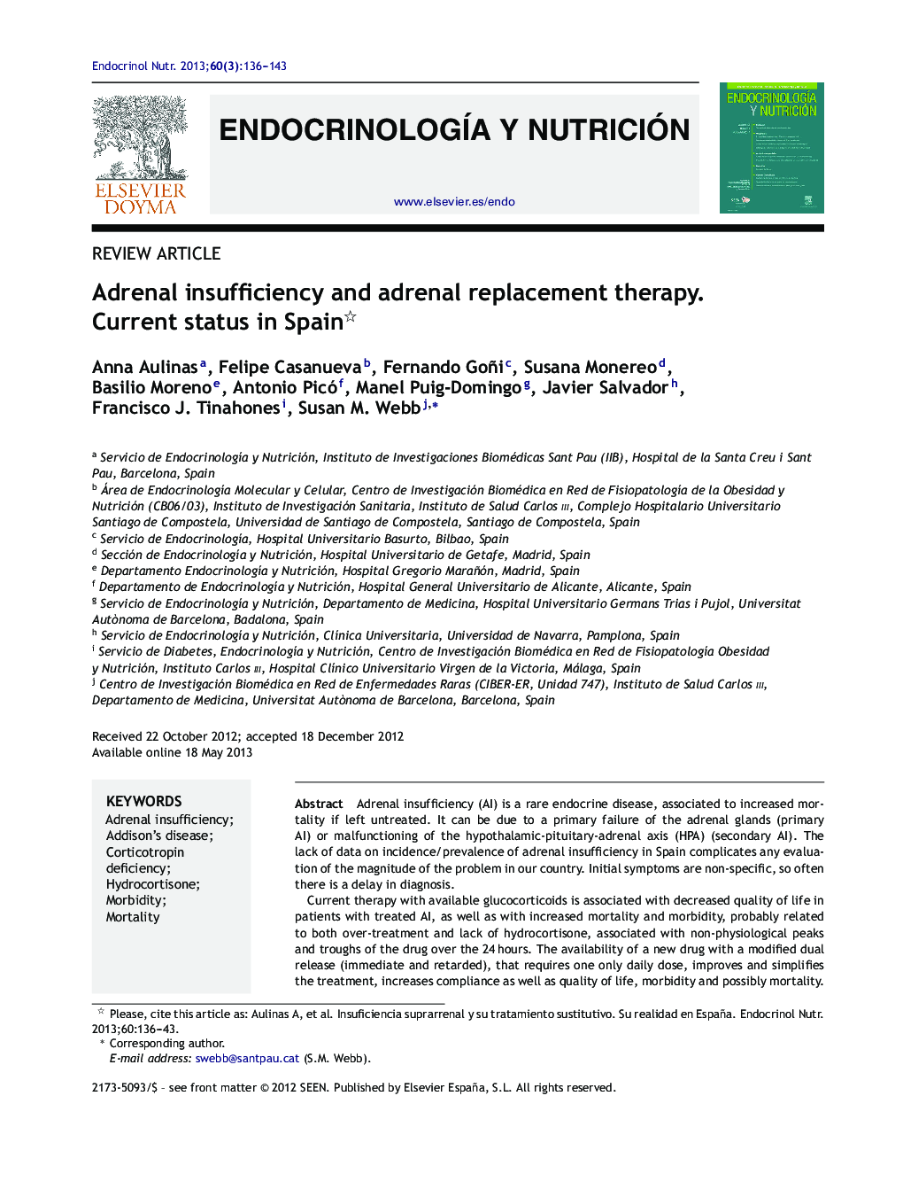 Adrenal insufficiency and adrenal replacement therapy. Current status in Spain 