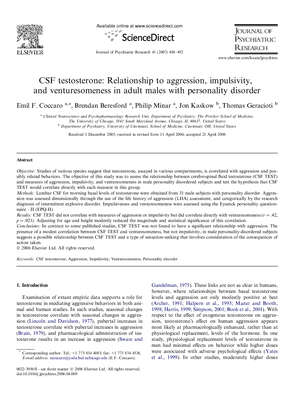 CSF testosterone: Relationship to aggression, impulsivity, and venturesomeness in adult males with personality disorder