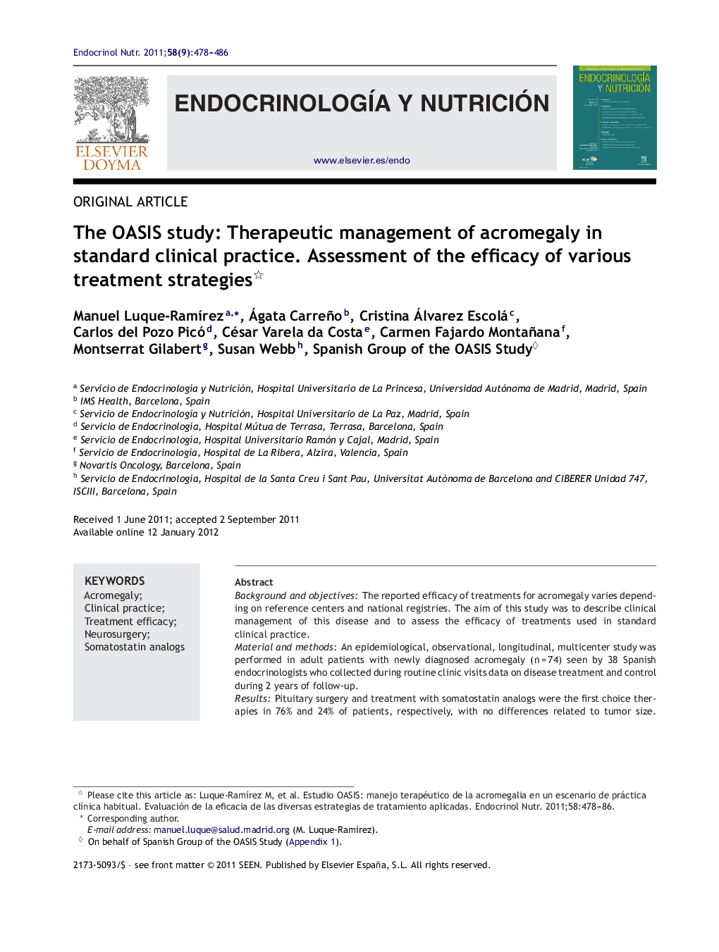 The OASIS study: Therapeutic management of acromegaly in standard clinical practice. Assessment of the efficacy of various treatment strategies