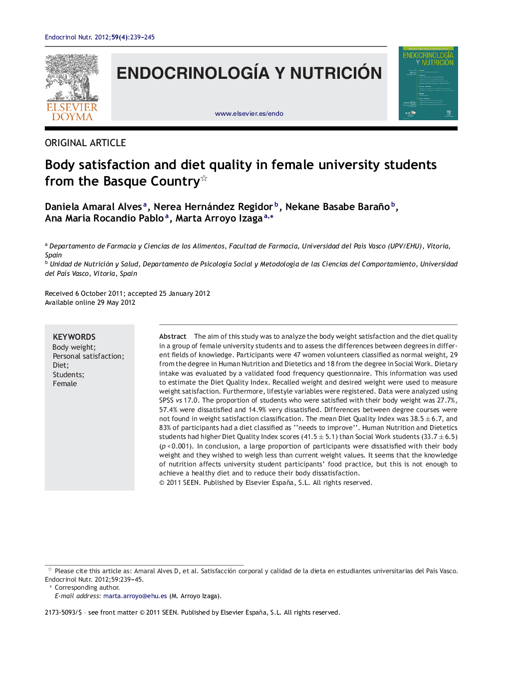 Body satisfaction and diet quality in female university students from the Basque Country