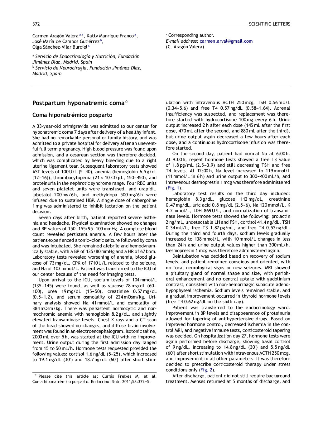 Postpartum hyponatremic coma