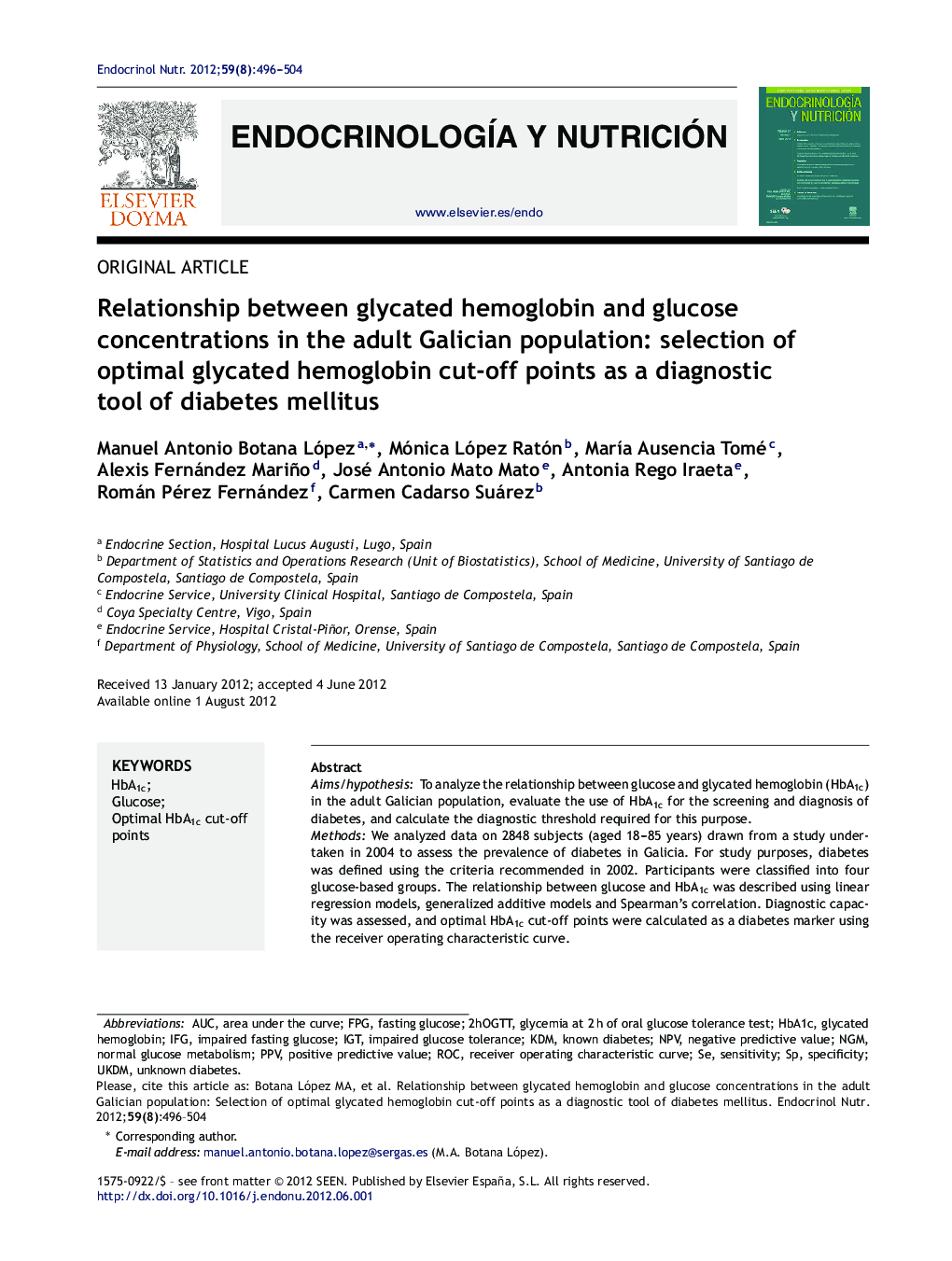 Relationship between glycated hemoglobin and glucose concentrations in the adult Galician population: selection of optimal glycated hemoglobin cut-off points as a diagnostic tool of diabetes mellitus