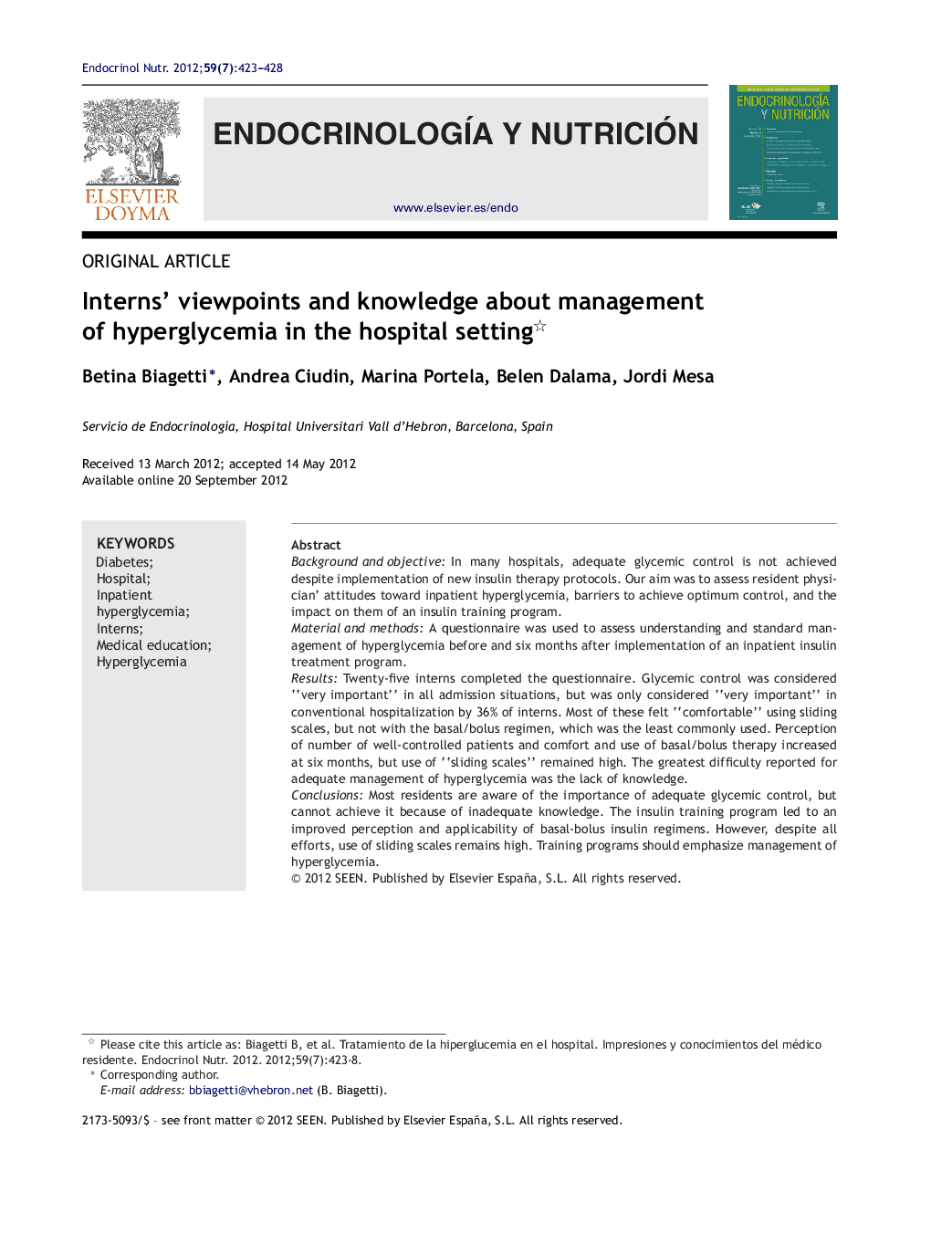 Interns’ viewpoints and knowledge about management of hyperglycemia in the hospital setting 