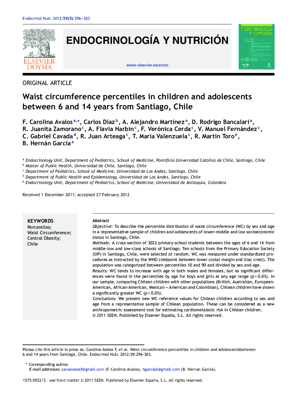 Waist circumference percentiles in children and adolescents between 6 and 14 years from Santiago, Chile 