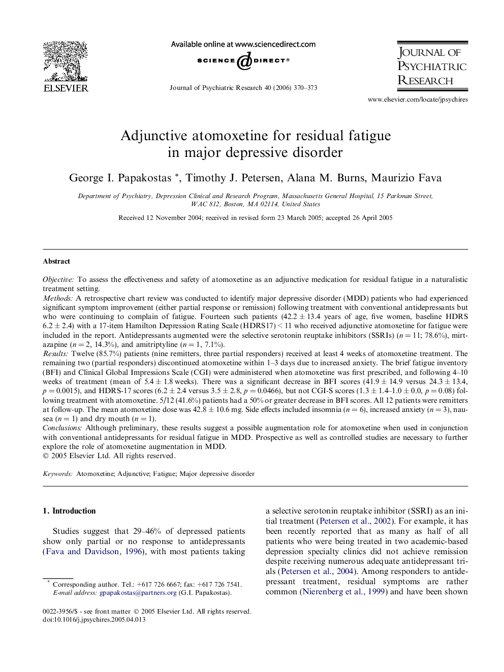 Adjunctive atomoxetine for residual fatigue in major depressive disorder