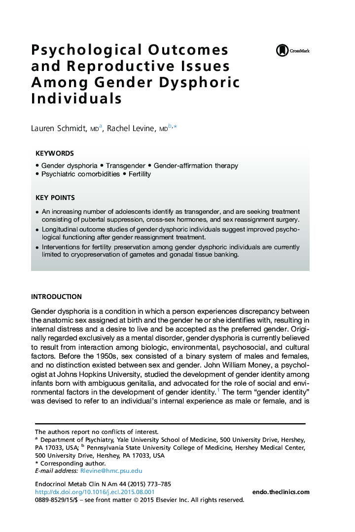 Psychological Outcomes and Reproductive Issues Among Gender Dysphoric Individuals