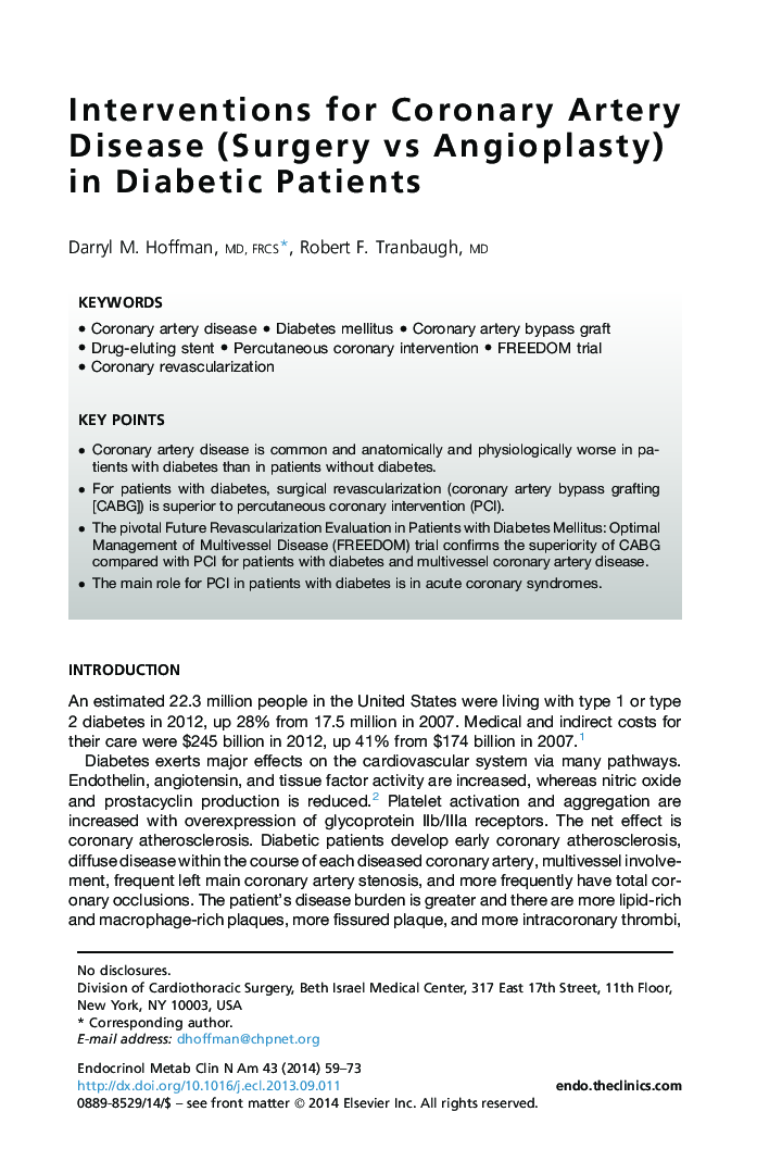 Interventions for Coronary Artery Disease (Surgery vs Angioplasty) in Diabetic Patients