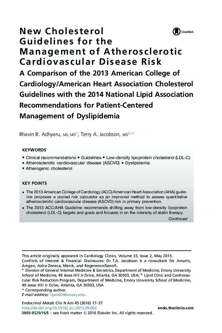 New Cholesterol Guidelines for the Management of Atherosclerotic Cardiovascular Disease Risk