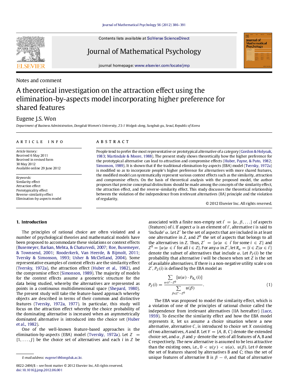 A theoretical investigation on the attraction effect using the elimination-by-aspects model incorporating higher preference for shared features