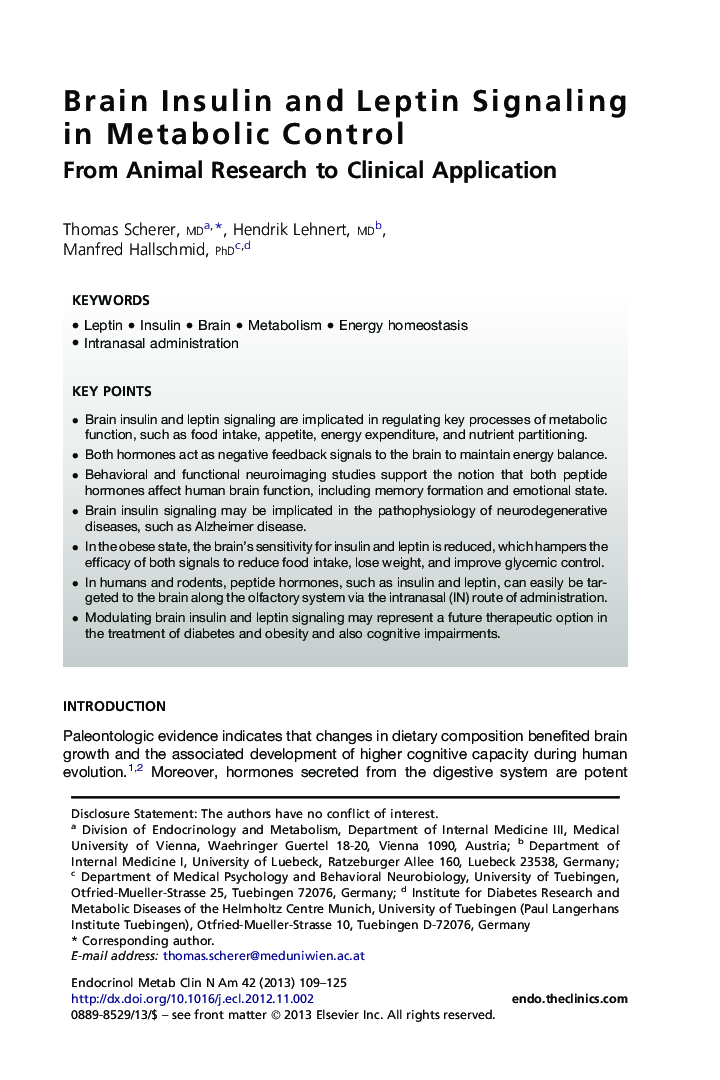 Brain Insulin and Leptin Signaling in Metabolic Control