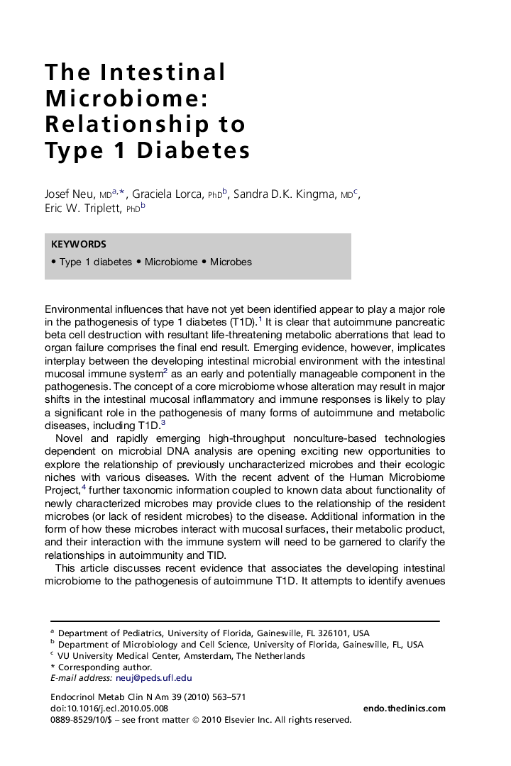 The Intestinal Microbiome: Relationship to Type 1 Diabetes