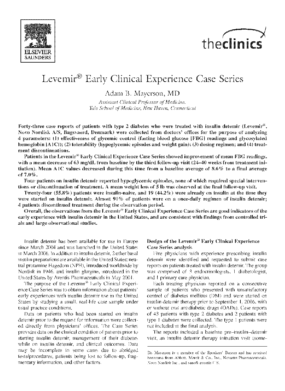 عکس صفحه اول مقاله: Levemir® Early Clinical Experience Case Series Levemir® Early Clinical Experience Case Series