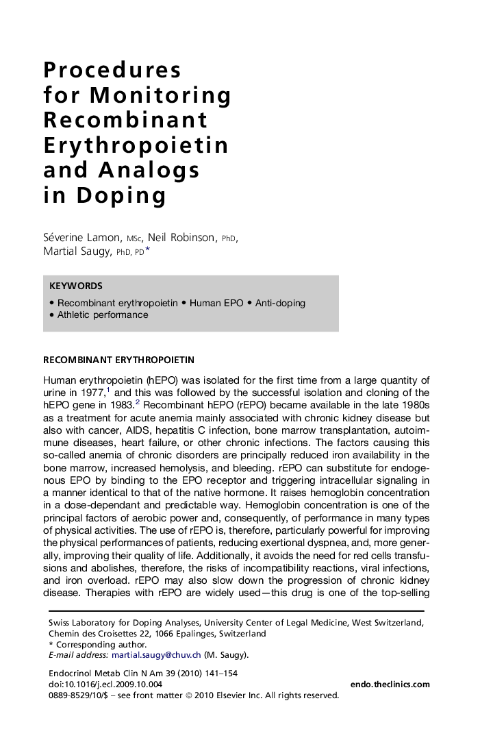 Procedures for Monitoring Recombinant Erythropoietin and Analogs in Doping