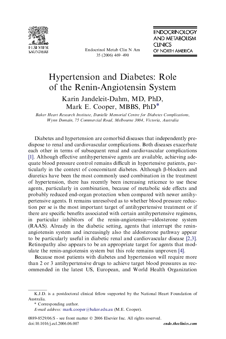 Hypertension and Diabetes: Role of the Renin-Angiotensin System