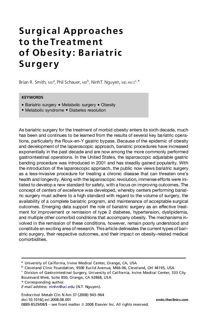 Surgical Approaches to the Treatment of Obesity: Bariatric Surgery