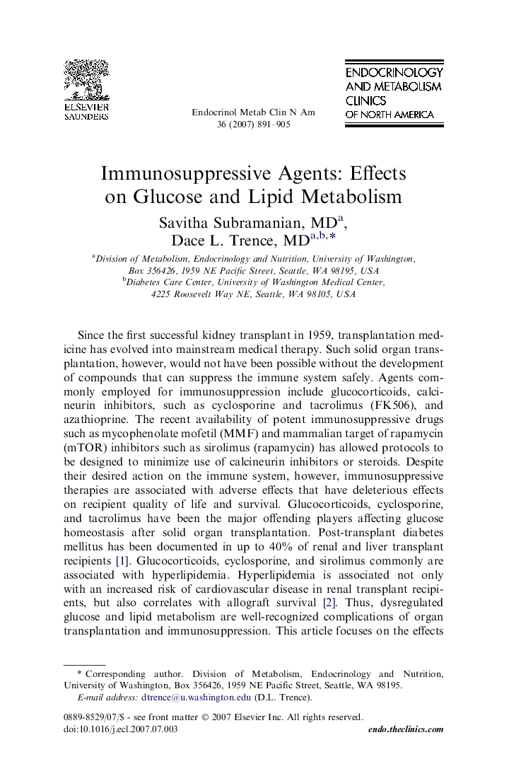 Immunosuppressive Agents: Effects on Glucose and Lipid Metabolism
