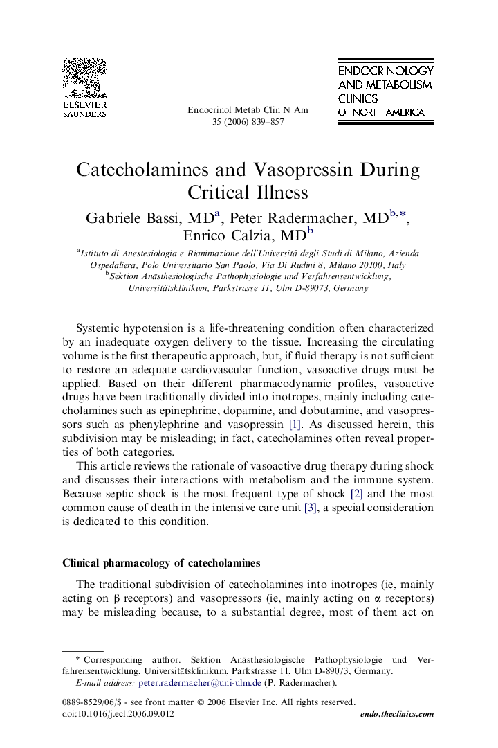 Catecholamines and Vasopressin During Critical Illness