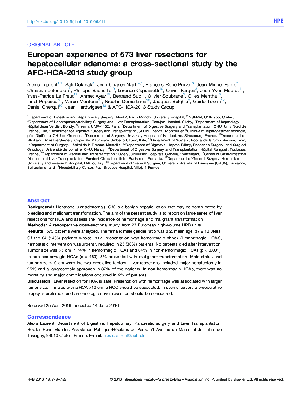 تجربه اروپایی از 573 جراحی کبد برای آدنوم هپاتوسلولار: یک مطالعه مقطعی توسط گروه تحقیقاتی AFC-HCA-2013