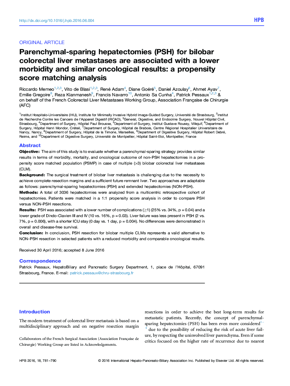 Parenchymal-sparing hepatectomies (PSH) for bilobar colorectal liver metastases are associated with a lower morbidity and similar oncological results: a propensity score matching analysis