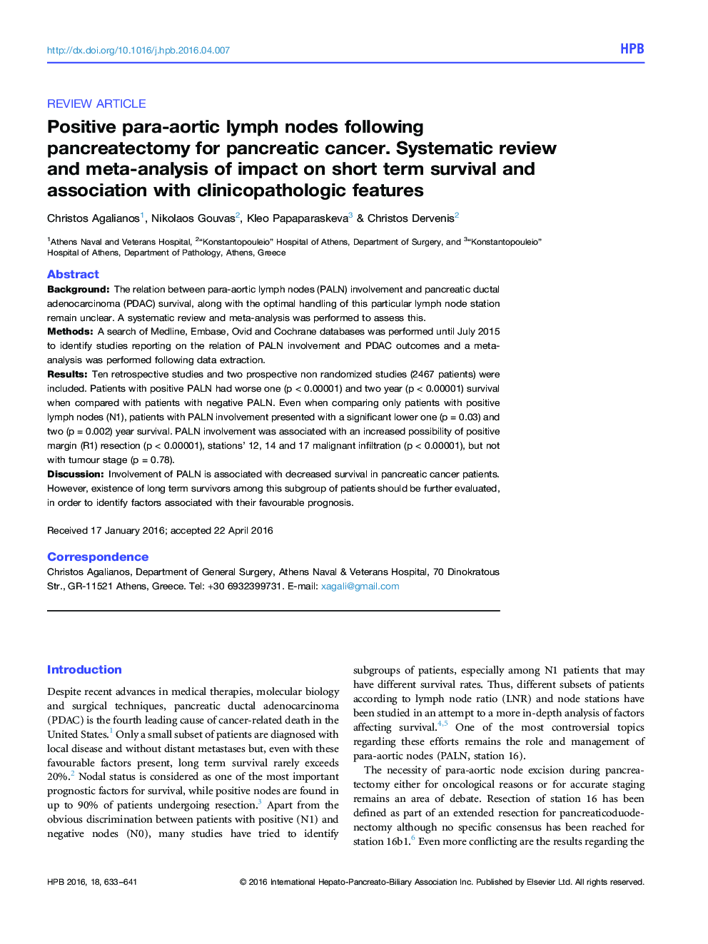 غدد لنفاوی پاراآئورت مثبت پس از پانکراتکتومی برای سرطان پانکراس؛ بررسی و تجزیه و تحلیل سیستماتیک تاثیر بقای کوتاه مدت و ارتباط با ویژگی های کلینیکو پاتولوژیک