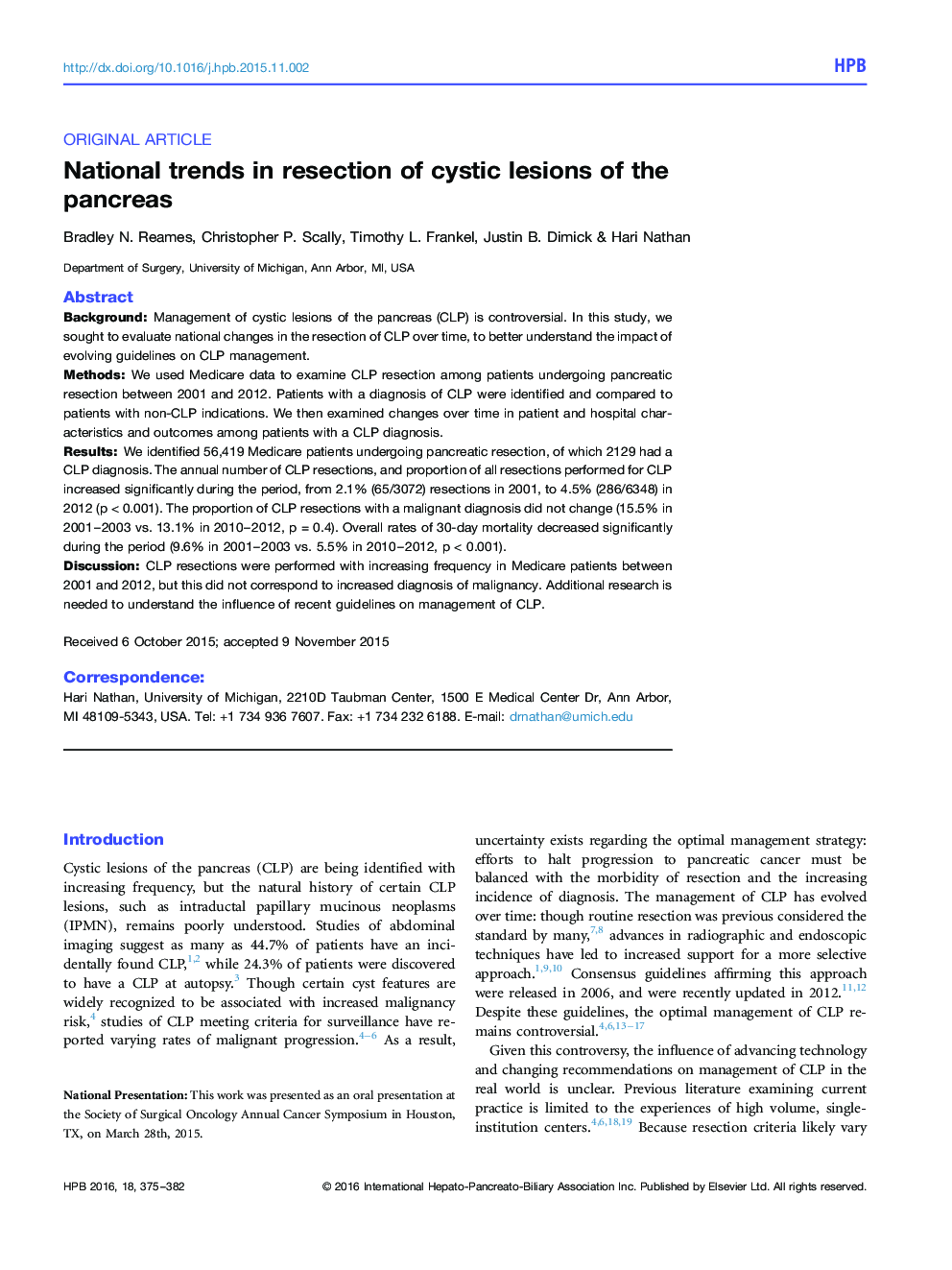 National trends in resection of cystic lesions of the pancreas 