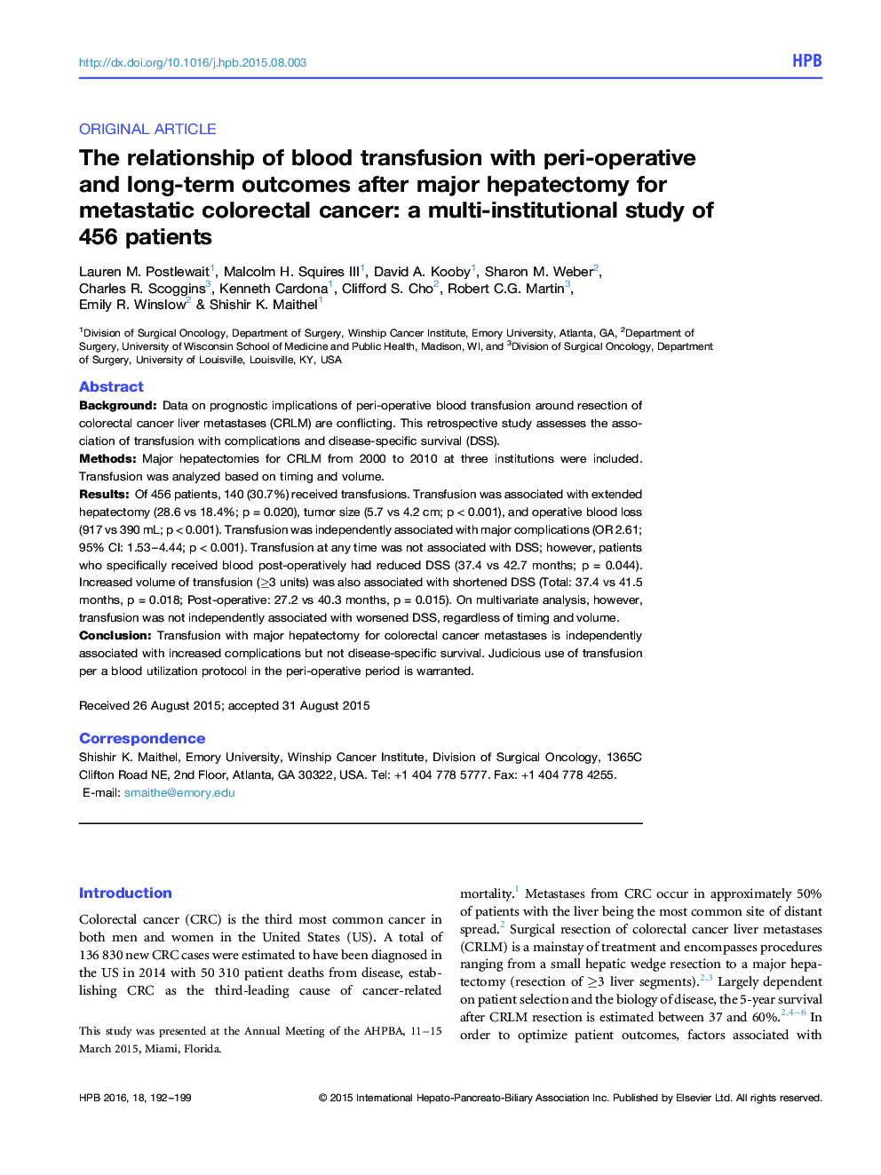 The relationship of blood transfusion with peri-operative and long-term outcomes after major hepatectomy for metastatic colorectal cancer: a multi-institutional study of 456 patients