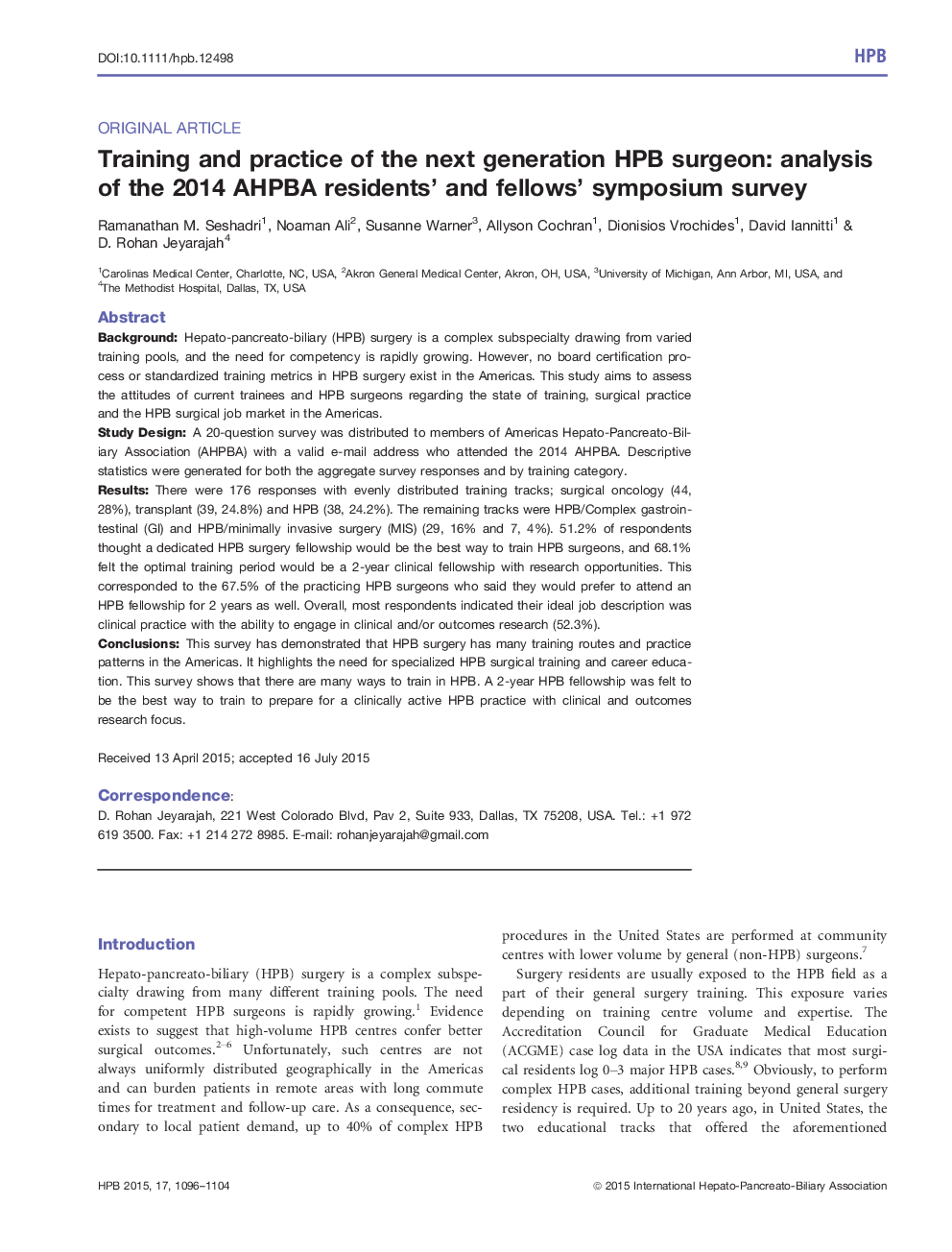 Training and practice of the next generation HPB surgeon: analysis of the 2014 AHPBA residents' and fellows' symposium survey