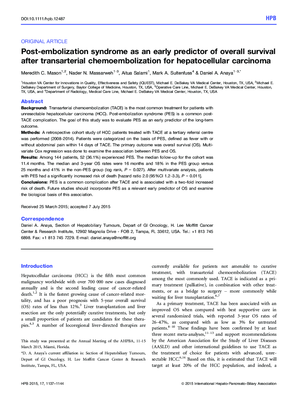 Post‐embolization syndrome as an early predictor of overall survival after transarterial chemoembolization for hepatocellular carcinoma