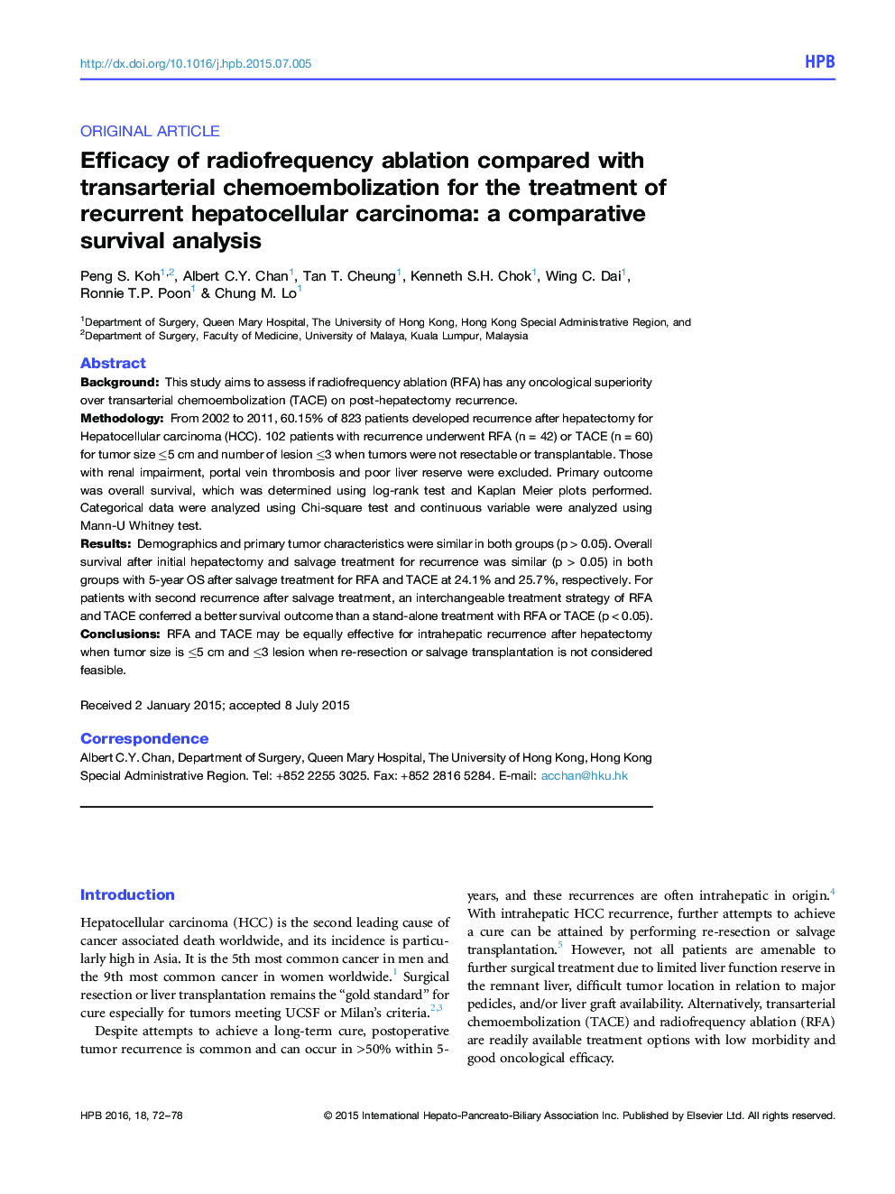 Efficacy of radiofrequency ablation compared with transarterial chemoembolization for the treatment of recurrent hepatocellular carcinoma: a comparative survival analysis