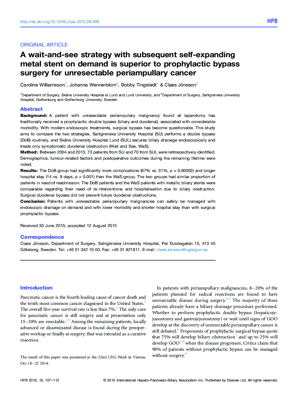 A wait-and-see strategy with subsequent self-expanding metal stent on demand is superior to prophylactic bypass surgery for unresectable periampullary cancer