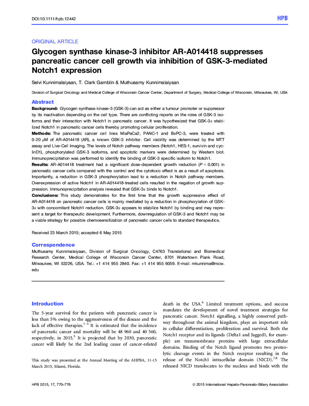 Glycogen synthase kinase-3 inhibitor AR-A014418 suppresses pancreatic cancer cell growth via inhibition of GSK-3-mediated Notch1 expression 