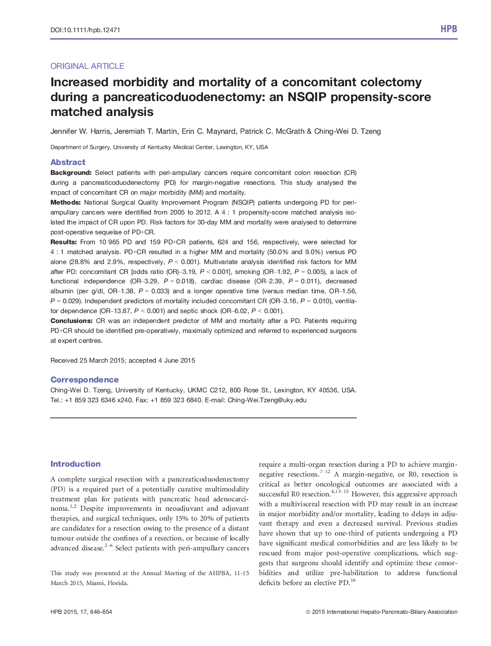 Increased morbidity and mortality of a concomitant colectomy during a pancreaticoduodenectomy: an NSQIP propensity-score matched analysis
