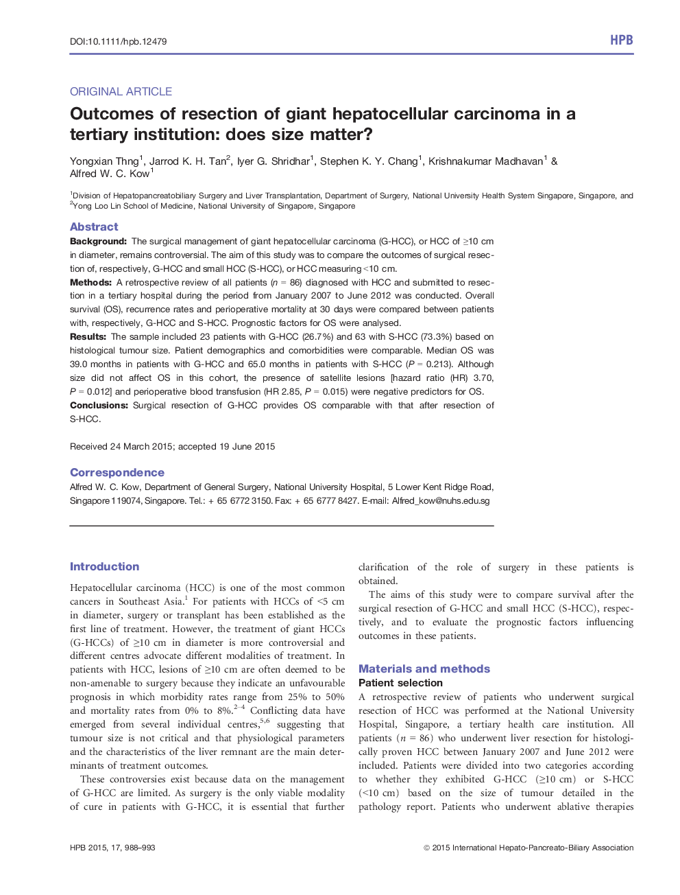 Outcomes of resection of giant hepatocellular carcinoma in a tertiary institution: does size matter?