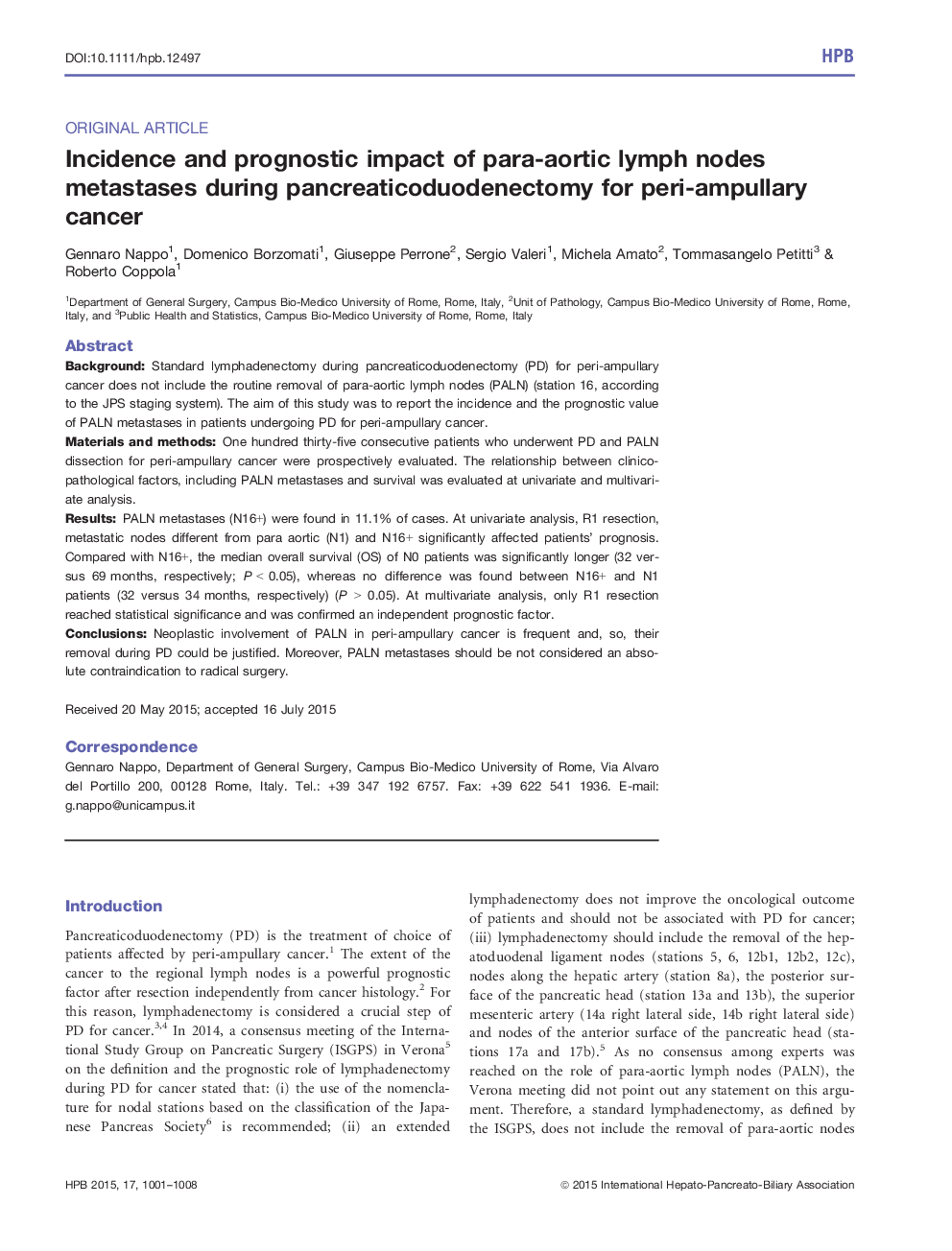 Incidence and prognostic impact of paraâaortic lymph nodes metastases during pancreaticoduodenectomy for periâampullary cancer